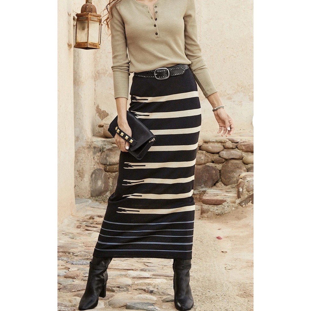 Peruvian Connection Punjab Maxi Skirt L Black Pima Cotton Geometric Southwestern